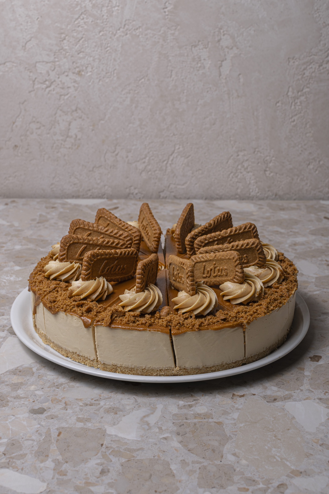 Biscoff Cheesecake topped with Lotus biscuits